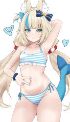  :3 absurdres ahoge aidoruhakase animal_ear_fluff animal_ears arm_behind_head arm_up armpits bikini blonde_hair blue_bikini blue_bow blue_eyes blue_hair blunt_bangs bow cat_ears closed_eyes closed_mouth commentary cowboy_shot denim english_commentary female fins fish_girl fish_tail flat_chest frilled_bikini frills hairbow highleg highleg_bikini highres indie_virtual_youtuber lifebuoy_hair_ornament long_hair looking_at_viewer low_twintails multicolored_hair navel oerba_yun_fang one_side_up sameko_saba scrunchie side-tie_bikini_bottom simple_background skin_fang sleeveless solo spread_navel stomach streaked_hair striped_bikini striped_clothes swimsuit tail twintails v very_long_hair virtual_youtuber white_background wrist_scrunchie 