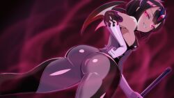  ass aura black_hair blush bodysuit breasts corruption dark_aura dark_persona elbow_gloves evil_grin evil_smile female from_behind gloves glowing glowing_eyes grin highres holding holding_weapon hyper_hetappi latex looking_at_viewer looking_back medium_breasts mind_control original pink_eyes purple_bodysuit red_eyes shiny_clothes short_hair skin_tight small_breasts smile smirk solo weapon wings 