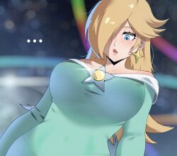  ... absurdres alternate_breast_size aqua_dress bare_shoulders blonde_hair blue_eyes blurry blurry_background breasts brooch crown dress earrings female gjh hair_over_one_eye highres jewelry large_breasts long_hair mario_(series) off-shoulder_dress off_shoulder rosalina solo star_(symbol) star_brooch star_earrings 