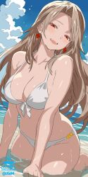  bare_shoulders beach bikini blonde_hair blush breasts cleavage cloud cloudy_sky collarbone female granblue_fantasy highres katalina_(granblue_fantasy) kneeling large_breasts long_hair looking_at_viewer ocean open_mouth red_eyes sand sitting sky solo swimsuit teeth upper_teeth_only very_long_hair wet white_bikini xel4 