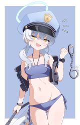  absurdres ass_visible_through_thighs bandeau bikini black_vest blue_archive blue_hat commentary_request cowboy_shot cuffs female grey_hair handcuffs hat highres innertube korean_commentary long_hair low_twintails mixed-language_commentary notice_lines peaked_cap police_hat poorunii purple_eyes side-tie_bikini_bottom solo swim_ring swimsuit thigh_gap twintails valkyrie_police_academy_student_(sg)_(blue_archive) vest yellow_eyes 