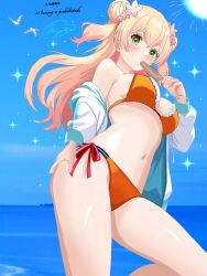  bikini blonde_hair blue_sky breasts cloud day double_bun female food green_eyes hair_bun highres hololive long_hair looking_at_viewer medium_breasts momosuzu_nene multicolored_hair orange_bikini outdoors popsicle side-tie_bikini_bottom side_up_bun sky solo sparkle sugimaru2022 sun swimsuit two_side_up virtual_youtuber 