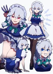  apron aqua_bow aqua_bowtie between_fingers blue_eyes bow bowtie braid breasts cropped_torso female full_body grey_hair hair_between_eyes hairbow high_heels highres holding holding_knife iganashi1 izayoi_sakuya knife knives_between_fingers leaning_forward looking_at_viewer looking_back maid maid_apron medium_breasts multiple_views pantyhose red_eyes short_hair smile standing teeth throwing_knife touhou twin_braids waist_apron weapon 