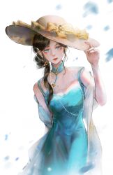  absurdres bare_arms bare_shoulders beads black_hair blue_dress blue_eyes bow breasts brown_hat china_dress chinese_clothes closed_mouth collared_dress cowboy_shot dabajiao dress expressionless eyelashes eyeshadow female hair_beads hair_bun hair_ornament hair_over_shoulder hand_on_headwear hat hat_bow high_collar highres infinity_nikki lipstick long_hair looking_at_viewer makeup mandarin_collar medium_breasts misty_poetics_(infinity_nikki) nikki_(series) parted_bangs petals pink_eyeshadow red_lips see-through_clothes see-through_dress shawl simple_background single_side_bun sleeveless sleeveless_dress solo standing sun_hat wavy_hair white_background white_shawl yellow_bow 