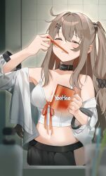  absurdres black_choker black_shorts breasts brown_hair brushing_teeth camisole character_name choker closed_eyes commentary_request cup female girls&#039;_frontline girls&#039;_frontline_2:_exilium hair_ornament hair_scrunchie highres hip_vent holding holding_brush holding_cup jacket k2_(girls&#039;_frontline) long_hair midriff navel off_shoulder one_side_up open_mouth scrunchie shorts solo tearing_up tile_wall tiles upper_body white_camisole white_jacket yoohee_(girls&#039;_frontline_2) zao_illust 