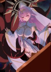  ahoge bare_shoulders bikini bikini_bottom_only braid breasts center_opening closed_mouth detached_sleeves dress epic_seven female gold_trim hairband halo highres large_breasts long_hair long_sleeves looking_at_viewer pink_eyes pink_hair revealing_clothes see-through_clothes see-through_dress sleeveless sleeveless_dress smile solo swimsuit tenebria_(epic_seven) tentacle twin_braids veil very_long_hair white_bikini white_dress wide_sleeves witch_of_the_mere_tenebria_(epic_seven) xmeulevix 