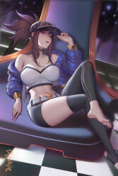  akali asymmetrical_legwear bare_shoulders baseball_cap belt black_choker black_pants blue_jacket breasts brown_eyes checkered_floor choker collarbone crop_top cropped_jacket female foot_out_of_frame gold_trim hat highres jacket k/da_akali league_of_legends medium_breasts midriff navel pants parted_lips ponytail sidelocks single_thighhigh sitting solo stomach thighhighs thighs toes white_belt xiumu_bianzhou 