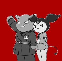  absurd_res adolf_hitler anthro baku_(sanrio) benito_mussolini blush bone bottomless bottomless_female clothed clothing duo e254e evil_grin fascism female gesture grin hi_res hoodie kuromi lagomorph leporid male mammal medal military_uniform nazi onegai_my_melody parody pear-shaped_figure pink_nose rabbit red_background salute sanrio simple_background skull smile smirk swastika tapir topwear uniform wide_hips 
