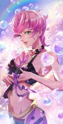  :d absurdres bare_arms bare_shoulders black_choker black_tube_top bow breasts bubble choker cleavage collarbone commentary_request crop_top female flower green_eyes highres holding holding_flower jojo_no_kimyou_na_bouken looking_at_viewer medium_breasts midriff multicolored_choker nail_polish navel open_mouth pink_choker pink_flower pink_hair pink_nails pink_skirt purple_bow rainbow short_hair skirt smile solo strapless trish_una tube_top vento_aureo watawata_nr_(siroraku) yellow_choker 