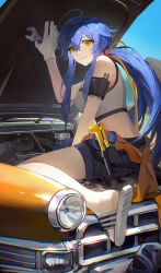  absurdres ahoge bare_shoulders black_shorts blue_hair breasts car closed_mouth commentary crop_top cropped_shirt day female foot_out_of_frame gloves hair_between_eyes hair_ribbon highres holding holding_wrench long_hair looking_at_viewer medium_breasts motor_vehicle nanagom orange_ribbon original outdoors ribbon sandals shirt shorts sitting sleeveless sleeveless_shirt smile solo white_gloves white_sandals white_shirt wrench yellow_eyes 
