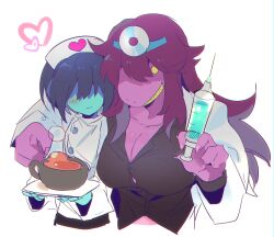  1other arm_around_neck black_shirt blue_hair blue_skin breasts cleavage colored_skin covered_eyes cropped_torso deltarune female four_weeks furry furry_female grin hat highres holding holding_syringe kris_(deltarune) long_hair nurse_cap official_alternate_costume one_eye_covered pink_skin purple_hair shirt short_hair simple_background smile susie_(deltarune) syringe upper_body white_background 