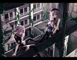  2girls ama_no_jaku_(vocaloid) beret black_hat blonde_hair blue_nails boots building chinese_clothes fingerless_gloves gloves hair_bun hat highres himehina_channel knee_boots letterboxed long_hair multicolored_hair multiple_girls nail_polish navel overgrown pink_eyes pink_hair plant purple_eyes red_nails ruins shorts sitting skirt sleeveless streaked_hair suspender_shorts suspenders suzuki_hina tanaka_hime thighhighs vines virtual_youtuber yanagida_shiina 