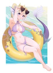  absurdres bare_shoulders bikini blonde_hair breasts character_request copyright_request donut_innertube fins fish_tail glasses head_fins highres inflatable_toy long_hair looking_at_viewer medium_breasts navel ocean peesh_san ponytail purple_bikini purple_eyes stomach swimsuit tail thigh_gap thigh_strap turtleneck_bikini_top 