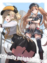  2girls animal ass black_gloves black_hat black_shirt black_skirt black_thighhighs blonde_hair blue_sky brown_hair building english_text feline fune_(fune83ojj) gloves goddess_of_victory:_nikke green_eyes hat highres holding holding_animal holding_cat long_hair looking_back looking_to_the_side military_hat miniskirt miranda_(nikke) multiple_girls novel_(nikke) shirt skirt sky skyscraper thighhighs thighs twintails very_long_hair watch white_shirt wristwatch 