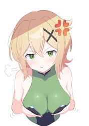  :t absurdres akatsuki_kirika anger_vein bare_shoulders blonde_hair blush breasts breasts_squeezed_together cleavage closed_mouth collarbone commentary cropped_torso female gmkz_kawaii grabbing_own_breast green_eyes green_leotard hair_between_eyes hair_ornament highres large_breasts leotard looking_at_viewer medium_hair meme next_time_you&#039;re_getting_this_(meme) pout puff_of_air senki_zesshou_symphogear sidelocks simple_background solo upper_body v-shaped_eyebrows white_background x_hair_ornament 