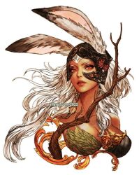  animal_ears artist_name branch breasts cleavage collarbone cropped_torso dark-skinned_female dark_skin dated ears_through_headwear english_commentary eyelashes female final_fantasy final_fantasy_xii fran_(ff12) helmet large_breasts lips long_hair painting_(medium) rabbit_ears red_eyes solo traditional_media upper_body vhyrel viera watercolor_(medium) white_hair 