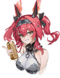  armor bare_shoulders black_bow bow breastplate can collar commentary cropped_torso drink_can earrings female hair_between_eyes hairband hairbow headgear highres holding holding_can jewelry long_hair looking_at_viewer lupa_(wuthering_waves) metal_collar metal_hairband multiple_hair_bows parted_lips red_hair sercet simple_background smile solo twintails white_background wuthering_waves yellow_eyes 