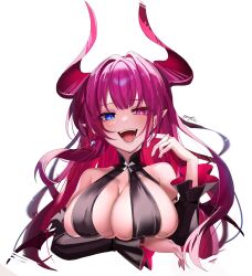  arm_under_breasts azur_lane bare_shoulders black_dress blue_eyes breasts cleavage cropped_torso dress earrings female heterochromia highres horns jewelry large_breasts light_blush long_hair looking_at_viewer mecklenburg_(azur_lane) nyokisan open_mouth pink_eyes pink_hair pink_horns pointy_ears red_nails signature simple_background skindentation solo white_background 