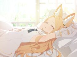  animal_ear_fluff animal_ears armpits arms_up bird blonde_hair blue_archive blush bow breasts cross_halo detached_sleeves dress female flower forehead fox_ears fox_girl game_cg gradient_eyes hair_flower hair_ornament halo highres indoors kokosando long-tailed_tit long_hair looking_at_viewer lying multicolored_eyes necktie official_art on_back on_bed open_mouth parted_bangs parted_lips pillow pink_eyes seia_(blue_archive) sleeve_bow sleeveless sleeveless_dress sleeves_past_fingers sleeves_past_wrists small_breasts solo tit_(bird) very_long_hair white_bird white_bow white_dress white_sleeves window yellow_bow yellow_halo 