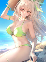  absurdres adjusting_clothes adjusting_headwear arm_at_side arm_strap arm_up bikini blonde_hair blue_sky blurry blurry_background bracelet breasts cleavage cloud collarbone commentary cowboy_shot crossed_bangs day depth_of_field double-parted_bangs eyelashes female floating_hair green_bikini green_nails hair_intakes hat highres jewelry large_breasts light_blush long_hair looking_at_viewer nail_polish navel on_rock one_side_up orange_eyes original outdoors parted_lips rock sitting sky solo stomach straw_hat sunlight swimsuit turning_head twisted_torso wind yuye 