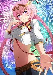  aerial_fireworks braid breasts choker circlet crop_top crop_top_overhang epic_seven female fireworks gold_trim grin hand_up long_hair looking_at_viewer midriff navel outstretched_arm pink_hair purple_eyes red_choker rin_ateria shirt small_breasts smile solo stomach tenebria_(epic_seven) twin_braids twintails underboob upper_body very_long_hair white_shirt 