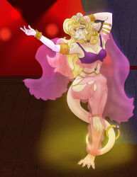  anthro blonde_hair blue_eyes bottomwear bracelet breasts clothed clothing dancer_outfit dancing digital_media_(artwork) ear_piercing ear_ring female frozen_over fur gold_(metal) gold_jewelry hair hi_res jewelry long_hair looking_at_viewer mammal murid murine necklace piercing rat rat_tail ring_piercing rodent sash shannon_(bahumot) silk smile solo tail topwear translucent translucent_clothing white_body white_fur 