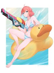  absurdres bare_shoulders bikini blue_bikini blue_eyes breasts character_request collarbone copyright_request female full_body highres holding holding_water_gun inflatable_toy looking_at_viewer medium_breasts medium_hair navel ocean peesh_san pink_hair solo stomach swimsuit water_gun 