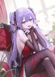  absurdres alternate_costume bare_shoulders between_fingers breasts brown_thighhighs chair coin crossed_legs detached_sleeves dress epic_seven female highres holding long_hair long_sleeves looking_at_viewer medium_breasts open_mouth purple_hair red_dress rinak_(epic_seven) sideboob sitting sleeveless sleeveless_dress smile solo thighhighs twintails very_long_hair yellow_eyes yohaku 