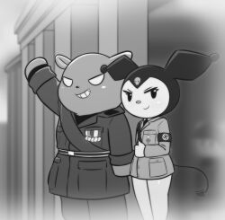 absurd_res adolf_hitler anthro baku_(sanrio) benito_mussolini black_and_white blush bone bottomless bottomless_female clothed clothing duo e254e evil_grin fascism female gesture grin hi_res hoodie kuromi lagomorph leporid male mammal medal military_uniform monochrome nazi onegai_my_melody parody pear-shaped_figure pink_nose rabbit salute sanrio simple_background skull smile smirk swastika tapir topwear uniform wide_hips 