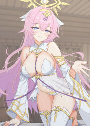  absurdres all_fours bare_shoulders barefoot between_breasts bikini bikini_bottom_only blue_eyes braid breasts center_opening cleavage commentary detached_sleeves dress epic_seven female gold_trim grin hairband halo highres konjou large_breasts long_hair looking_at_viewer navel pink_hair revealing_clothes short_dress sleeveless sleeveless_dress smile solo stomach string_bikini swimsuit tenebria_(epic_seven) thighhighs thighs toeless_legwear twin_braids very_long_hair white_bikini white_dress white_thighhighs wide_sleeves witch_of_the_mere_tenebria_(epic_seven) 