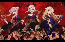  3girls blonde_hair blue_nails collarbone electric_guitar guitar highres himehina_channel horns instrument japanese_clothes kimono levi_elipha long_hair multicolored_horns multiple_girls nail_polish nijisanji off_shoulder open_mouth pink_hair plectrum purple_eyes red_background red_nails sharp_teeth suzuki_hina tanaka_hime teeth tengaku_(vocaloid) two-tone_horns virtual_youtuber yanagida_shiina 