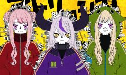  3girls blonde_hair building crazy_eyes facial_mark green_hoodie highres himehina_channel hololive hood hoodie horns huge_horns jacket la+_darknesss long_hair matryoshka_(vocaloid) multicolored_hair multiple_girls pink_hair purple_eyes streaked_hair suzuki_hina tanaka_hime track_jacket virtual_youtuber yanagida_shiina yellow_background yellow_eyes zipper zipper_pull_tab 