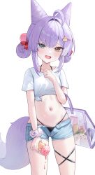  absurdres blue_eyes blush cone_hair_bun female fox_girl fox_tail hair_bun hair_ornament heterochromia highres luffy_(1uffy) navel oerba_yun_fang pom_pom_(clothes) pom_pom_hair_ornament purple_hair purple_tail simple_background skin_fang solo stellive sweatdrop tail tenko_shibuki virtual_youtuber white_background yellow_eyes 