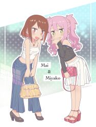  2girls :3 :d bag bare_arms bare_legs bare_shoulders black_pants black_shirt black_shoes breasts brown_eyes brown_hair camisole character_name colored_inner_hair commentary dot_nose double-parted_bangs earrings full_body high_heels highres jewelry leaning_forward long_hair long_sleeves looking_at_viewer matado_(almukha) midriff multicolored_hair multiple_girls nagase_minato navel necklace off-shoulder_shirt off_shoulder onii-chan_wa_oshimai! open_mouth outline pants pink_hair pleated_skirt red_hair red_shoes shirt shoes short_hair skirt small_breasts smile swept_bangs twintails two-tone_hair watermark white_camisole white_outline white_skirt yasaka_mai yellow_eyes 