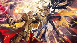  2boys absurdres alternate_form armor armored_boots asymmetrical_wings black_gloves black_shirt black_wings blonde_hair boots breastplate chains commentary_request cracked_skin ea_(fate) fate/stay_night fate_(series) fighting fingerless_gloves gauntlets gilgamesh_(fate) gloves gold_armor guest_art hair_between_eyes halo halo_behind_head highres holding holding_sword holding_weapon honkai:_star_rail honkai_(series) male_focus material_growth multiple_boys pauldrons phainon_(honkai:_star_rail) red_eyes shirabi shirt short_hair shoulder_armor sword torn_clothes torn_shirt weapon wings yellow_blood yellow_eyes yellow_wings 