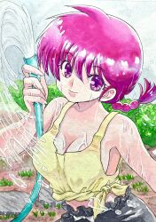  absurdres bare_shoulders black_pants blue_eyes braid braided_ponytail breasts cleavage color_ink_(medium) commentary_request female highres holding holding_hose hose kengo_(kings_area_81) large_breasts midriff midriff_peek outdoors painting_(medium) pants pink_hair ponytail ranma-chan ranma_1/2 shirt single_braid smile solo spraying tank_top tied_shirt traditional_media water watercolor_(medium) wet wet_clothes wet_hair wet_shirt yellow_shirt 