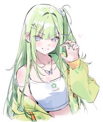  absurdres bare_shoulders blue_eyes claw_pose collarbone crop_top cropped_torso female green_hair green_jacket grin hair_ornament hairclip hand_up highres jacket jewelry long_hair looking_at_viewer midriff necklace off_shoulder one_side_up shirt simple_background sleeveless sleeveless_shirt smile solo stellive virtual_youtuber white_background white_shirt ye_jji yuzuha_riko 