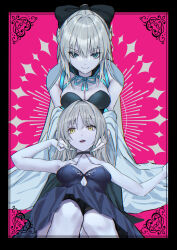  2girls artoria_pendragon_(fate) bare_arms bare_legs bare_shoulders black_bow black_dress blonde_hair blue_eyes bow braid braided_bun breasts bun_with_braided_base center_opening cleavage clothing_cutout collarbone dark_persona detached_sleeves dress fate/grand_order fate_(series) full_body gothic_lolita grey_hair hair_bun hairbow half_up_braid hand_on_another&#039;s_cheek hand_on_another&#039;s_face hand_on_another&#039;s_hand highres juliet_sleeves large_breasts lolita_fashion long_hair long_sleeves looking_at_viewer medium_breasts morgan_le_fay_(fate) morgan_le_fay_(first_ascension)_(fate) multiple_girls notonaon outstretched_arm outstretched_hand parted_lips ponytail puffy_sleeves saber_alter saber_alter_(third_ascension) short_hair siblings sidelocks single_hair_bun sisters sleeveless sleeveless_dress smile solo stomach_cutout two-tone_dress very_long_hair yellow_eyes yuri 