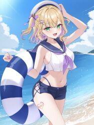  absurdres bare_shoulders beach blonde_hair blue_innertube blue_sailor_collar blue_shorts blue_sky blush bow breasts cloud cloudy_sky collarbone colored_inner_hair commentary_request crop_top day earrings female fingernails green_eyes hair_intakes hair_ornament hairbow hairclip hat heart heart_earrings heart_tattoo highleg highres holding holding_swim_ring jewelry kurumi_noah leg_tattoo medium_hair multicolored_hair nail_polish navel ocean oerba_yun_fang open_mouth outdoors pink_bow pink_eyes pink_nails sailor_collar sailor_hat sand school_uniform serafuku shorts sky smile solo stomach swim_ring tattoo teddy_bear_hair_ornament thighs two-tone_hair two-tone_innertube two_side_up virtual_youtuber vspo! white_hat white_innertube white_serafuku ysnhryk 
