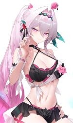  absurdres baiser3rd bikini bikini_skirt breasts cleavage female grey_hair hair_intakes highres honkai_(series) honkai_impact_3rd large_breasts long_hair multicolored_hair navel official_alternate_costume pink_eyes pink_hair simple_background smile solo stomach swimsuit thelema_nutriscu two-tone_hair very_long_hair white_background 