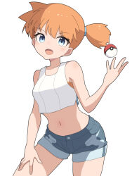  bare_arms blue_eyes collarbone commentary_request cowboy_shot cropped_shirt eyelashes female hand_on_own_thigh hand_up hiyoshipow kasumi_(pokemon) looking_at_viewer navel open_mouth orange_hair poke_ball poke_ball_(basic) pokemon pokemon_lgpe shirt short_shorts shorts side_ponytail sleeveless sleeveless_shirt solo tongue white_shirt 
