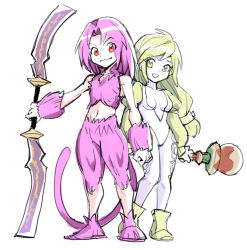  blonde_hair breasts cleavage dede_(qwea_00000) final_fantasy final_fantasy_ix garnet_til_alexandros_xvii leotard long_hair low-tied_long_hair mage_masher mage_staff monkey_tail pink_fur pink_hair smile tail trance_garnet_til_alexandros_xvii trance_zidane_tribal zidane_tribal 