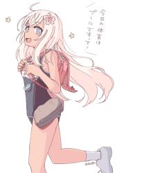  ahoge alternate_costume backpack bag black_one-piece_swimsuit blonde_hair blue_eyes commentary_request competition_school_swimsuit cowboy_shot crime_prevention_buzzer female flat_chest flower grey_shoes hair_flower hair_ornament highres kantai_collection one-piece_swimsuit randoseru ro-500_(kancolle) running school_swimsuit shoes simple_background socks solo swimsuit tatahai translation_request white_background white_socks 