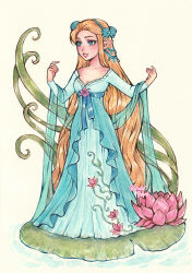  blonde_hair blush breasts cleavage disney_fairies_(book_series) dress eyelashes fairy fantasy floral_print floral_print_dress flower highres kuridel lily_pad lips long_hair long_sleeves loose_dress low_neckline pointy_ears print_dress solo water_lily_flower 