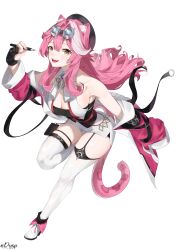  :d absurdres animal_ears ascot bare_shoulders black_gloves black_hat black_tube_top breasts cleavage female foot_up gloves goggles goggles_on_head halterneck hat highres holding holding_pen hololive hololive_english jacket knee_up large_breasts long_hair nib_pen_(medium) off_shoulder panther_ears panther_girl panther_tail partially_fingerless_gloves pen pen_(medium) pink_hair pink_jacket pink_nails raora_panthera raora_panthera_(1st_costume) rysp shoes shorts smile solo standing standing_on_one_leg strap strapless tail teeth thighhighs traditional_media tube_top upper_teeth_only vest virtual_youtuber white_ascot white_shoes white_shorts white_thighhighs white_vest yellow_eyes 