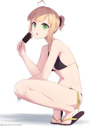  absurdres ahoge bare_shoulders bikini black_bikini black_ribbon blonde_hair breasts character_request copyright_request flip-flops food green_eyes highres ice_cream long_hair looking_at_viewer navel open_mouth peesh_san ponytail ribbon sandals small_breasts squatting stomach swimsuit teeth upper_teeth_only white_background 