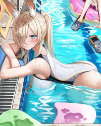  absurdres animal_ear_fluff animal_ears ass bent_over black_one-piece_swimsuit blonde_hair blue_archive blue_eyes blue_halo blush breasts closed_mouth commentary dog_ears female from_side hair_over_one_eye halo high_ponytail highres hsxxx kanna_(blue_archive) kanna_(swimsuit)_(blue_archive) large_breasts long_hair looking_at_viewer looking_to_the_side official_alternate_costume one-piece_swimsuit out_of_frame ponytail poolside swimsuit two-tone_one-piece_swimsuit very_long_hair wet white_one-piece_swimsuit 