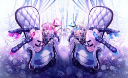  2girls absurdres armchair belt_boots blonde_hair blue-tinted_eyewear blue_nails boots ch4nge_(cevio) chair choker cube double_bun hair_bun highres himehina_channel holding holding_megaphone jewelry megaphone multicolored_hair multiple_girls pink-tinted_eyewear pink_hair platform_boots platform_heels red_nails ring short_shorts shorts sitting_sideways skull sticker streaked_hair sunglasses suzuki_hina tanaka_hime thigh_strap tinted_eyewear virtual_youtuber yanagida_shiina yellow-framed_eyewear 