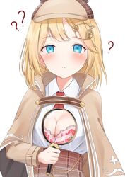  ? bad_id bad_twitter_id blonde_hair blue_eyes bob_cut bra breasts capelet cleavage commentary deerstalker detective female hair_ornament hat high-waist_skirt highres hololive hololive_english magnifying_glass necktie pink_bra plaid plaid_skirt simple_background skirt solo symbol-only_commentary underwear virtual_youtuber watson_amelia watson_amelia_(1st_costume) white_background x-ray yotsugi 