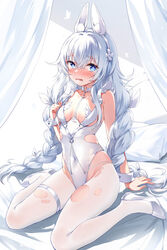  +_+ absurdres animal_ears azur_lane blue_eyes blush braid breasts breath chinese_commentary choker covered_navel crossed_bangs crotchless crotchless_pantyhose curtains devil_heavens embarrassed fake_animal_ears female flower full_body furrowed_brow groin hair_between_eyes hair_flower hair_ornament hairband heavy_breathing high_heels highleg highleg_leotard highres holding holding_own_hair le_malin_(azur_lane) le_malin_(listless_lapin)_(azur_lane) leotard long_hair looking_at_viewer o-ring o-ring_choker official_alternate_costume on_bed open_mouth pantyhose pillow playboy_bunny rabbit_ears revealing_clothes silver_footwear sitting small_breasts solo strap thigh_strap torn_clothes torn_pantyhose twin_braids twintails wariza wavy_mouth white_choker white_hairband white_leotard white_pantyhose wrist_cuffs 